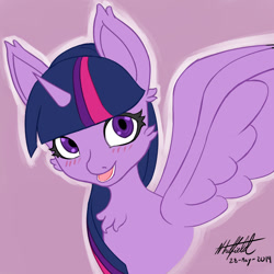 Size: 1400x1400 | Tagged: safe, artist:nlhetfield, imported from derpibooru, twilight sparkle, alicorn, pony, cheek fluff, chest fluff, female, looking at you, open mouth, purple background, signature, simple background, solo, twilight sparkle (alicorn)