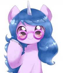 Size: 1741x2019 | Tagged: safe, artist:ginmaruxx, imported from derpibooru, izzy moonbow, pony, unicorn, blushing, chest fluff, cute, female, g5, glasses, heart, izzybetes, looking at you, mare, my little pony: a new generation, simple background, smiling, solo, white background