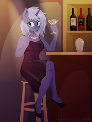 Size: 1200x1600 | Tagged: safe, artist:willoillo, imported from derpibooru, oc, oc only, oc:midnight starfall, anthro, unicorn, alcohol, clothes, cocktail dress, commission, dress, female, martini, solo