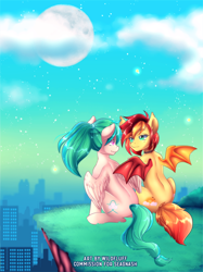 Size: 900x1201 | Tagged: safe, artist:wild-fluff, imported from derpibooru, oc, oc only, bat pony, pegasus, pony, bat pony oc, duo, eye contact, female, looking at each other, moon, pegasus oc