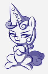 Size: 874x1344 | Tagged: safe, artist:heretichesh, imported from derpibooru, sweetie belle, pony, unicorn, crossed arms, dunce hat, female, filly, hat, monochrome, scrunchy face, simple background, sitting, sketch, solo