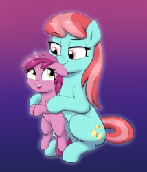 Size: 1616x1888 | Tagged: safe, artist:heretichesh, imported from derpibooru, ruby pinch, strawberry ice, earth pony, pony, unicorn, age difference, colored, duo, female, filly, holding a pony, looking at each other, mare, nervous, raised eyebrow, simple background