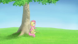 Size: 3840x2160 | Tagged: safe, artist:astralr, imported from derpibooru, fluttershy, pegasus, pony, female, folded wings, grass, high res, looking away, mare, outdoors, profile, raised hoof, sitting, sky, solo, tree, under the tree, wings