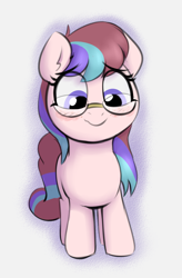 Size: 994x1516 | Tagged: safe, artist:heretichesh, imported from derpibooru, oc, oc only, oc:fundip, earth pony, pony, colored, female, filly, glasses, looking down, simple background, solo