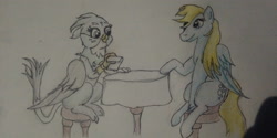 Size: 3264x1632 | Tagged: safe, artist:joey012, derpibooru exclusive, imported from derpibooru, derpy hooves, gabby, griffon, pegasus, pony, colored pencil drawing, duo, female, happy birthday mlp:fim, mare, mlp fim's eleventh anniversary, pen, quadrupedal, simple background, sitting, table, traditional art, white background