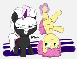 Size: 1502x1142 | Tagged: safe, artist:heretichesh, imported from derpibooru, li'l cheese, oc, oc:s.leech, earth pony, pony, unicorn, the last problem, bald face, blaze (coat marking), canon x oc, coat markings, colored, duo, evil grin, facial markings, female, filly, grin, hanging, hanging upside down, levitation, magic, magic aura, mine, simple background, smiling, telekinesis, upside down