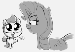 Size: 2210x1522 | Tagged: safe, artist:heretichesh, imported from derpibooru, part of a set, rarity, earth pony, pony, unicorn, cocolt, colt, dialogue, duo, female, introduction, looking at each other, male, mare, monochrome, sketch, waving