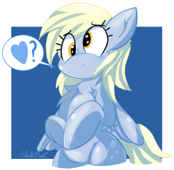 Size: 980x958 | Tagged: safe, artist:malachimoet, imported from derpibooru, derpy hooves, pegasus, pony, bipedal, chest fluff, female, heart, heart eyes, question mark, simple background, solo, speech bubble, transparent background, wingding eyes