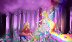 Size: 6000x3500 | Tagged: safe, artist:snowzaaah, imported from derpibooru, applejack, rainbow dash, human, equestria girls, appledash, ashleigh ball, duo, female, forest, humanized, lavender, lesbian, outstretched hand, shipping, spirit, straight, voice actor joke, winged humanization, wings