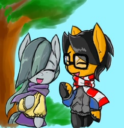 Size: 612x630 | Tagged: safe, artist:a.s.e, imported from derpibooru, marble pie, oc, oc:a.s.e, semi-anthro, canon x oc, clothes, duo, female, glasses, happy, love, male, ponysona, scarf, shipping, smiling, straight, striped scarf, tree, walking