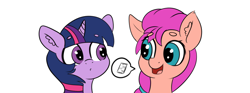 Size: 4000x1489 | Tagged: safe, artist:yelowcrom, imported from derpibooru, sunny starscout, twilight sparkle, earth pony, pony, beanbrows, cellphone, duo, eyebrows, eyebrows visible through hair, female, g4, g4 to g5, g5, happy birthday mlp:fim, mare, mlp fim's eleventh anniversary, my little pony: a new generation, phone, simple background, smartphone, white background