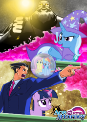 Size: 755x1058 | Tagged: safe, artist:turnaboutterror, imported from derpibooru, fluttershy, rainbow dash, trixie, twilight sparkle, human, pegasus, pony, unicorn, ace attorney, crossover, glowing, glowing eyes, phoenix wright, poster, unicorn twilight