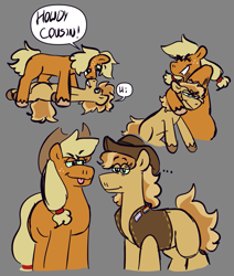 Size: 979x1155 | Tagged: safe, artist:tezzbot, imported from derpibooru, applejack, braeburn, earth pony, pony, :p, colt, colt braeburn, cousins, female, filly, filly applejack, gender headcanon, gray background, headcanon, lgbt headcanon, male, mare, missing cutie mark, noogie, pinned, pride, pride flag, simple background, stallion, tongue out, trans male, transgender, transgender pride flag, younger