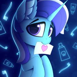 Size: 1920x1920 | Tagged: safe, artist:alexbefest, imported from derpibooru, minuette, pony, unicorn, blue, card, cute, ear fluff, eyebrows, female, heart, hoof hold, hooves, looking at you, mare, minubetes, mouth hold, neon, smiling, smiling at you, solo