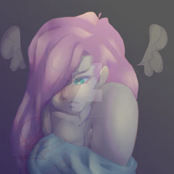 Size: 1280x1280 | Tagged: safe, artist:radomartxx01, imported from derpibooru, fluttershy, equestria girls, blushing, bust, clothes, deviantart watermark, female, floating wings, frown, gradient background, hair over one eye, looking away, looking down, obtrusive watermark, off shoulder, portrait, solo, watermark, wings