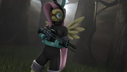 Size: 1280x720 | Tagged: safe, artist:mlpstevepvb, imported from derpibooru, fluttershy, anthro, pegasus, 3d, bunny ears, clothes, costume, dangerous mission outfit, female, forest, goggles, gun, hoodie, mare, rifle, sniper rifle, solo, source filmmaker, weapon