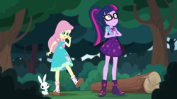 Size: 1280x720 | Tagged: artist needed, safe, imported from derpibooru, angel bunny, fluttershy, sci-twi, twilight sparkle, equestria girls, equestria girls series, stressed in show, stressed in show: fluttershy, choose your own ending (season 1), female, shrunken pupils