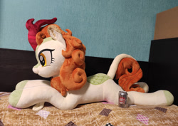 Size: 1498x1060 | Tagged: safe, artist:gingerale2016, imported from derpibooru, autumn blaze, kirin, can, craft, dr. pepper, female, irl, lying down, photo, plushie, prone, solo