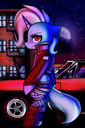 Size: 3333x5000 | Tagged: safe, artist:kranonetwork, imported from derpibooru, trixie, pony, unicorn, 1970s, 80s, car, clothes, dodge (car), dodge charger, dutrot, eyelashes, female, fishnets, horn, jacket, neon, night, night sky, poster, pride, pride flag, racecar, sky, solo, stars, tail, trans female, trans trixie, transgender, transgender pride flag