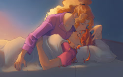 Size: 2000x1250 | Tagged: safe, artist:stummm, imported from derpibooru, adagio dazzle, sunset shimmer, equestria girls, bed, clothes, drool, eyes closed, female, forehead kiss, kissing, lesbian, pajamas, shipping, sleeping, sunsagio