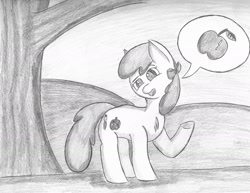 Size: 1280x988 | Tagged: safe, artist:bronyguard, imported from derpibooru, apple bloom, earth pony, pony, alternate cutie mark, female, filly, solo, speech bubble, traditional art, tree