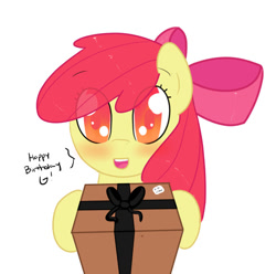 Size: 549x545 | Tagged: safe, artist:fribox, imported from derpibooru, apple bloom, earth pony, pony, blushing, female, filly, happy birthday, present, simple background, solo, text, white background