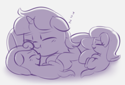 Size: 921x626 | Tagged: safe, artist:heretichesh, imported from derpibooru, oc, earth pony, pony, unicorn, cuddling, female, filly, monochrome, onomatopoeia, sketch, sleeping, sound effects, trio, zzz