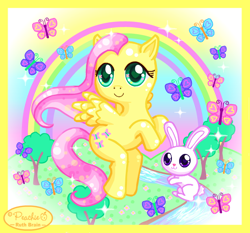 Size: 650x607 | Tagged: safe, artist:princess-peachie, imported from derpibooru, angel bunny, fluttershy, butterfly, pegasus, pony, rabbit, animal, cute, female, flying, looking at you, rainbow, shyabetes, tree