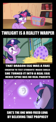 Size: 607x1310 | Tagged: safe, edit, edited screencap, imported from derpibooru, screencap, nightmare moon, twilight sparkle, pony, unicorn, friendship is magic, lesson zero, the cutie mark chronicles, caption, egg, female, filly, filly twilight sparkle, golden oaks library, headcanon, image macro, implied princess luna, implied spike, mare, mare in the moon, moon, prophecy, solo, spike's egg, text, unicorn twilight, younger