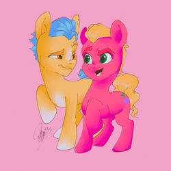 Size: 1280x1280 | Tagged: safe, artist:gum-gibbs, imported from derpibooru, hitch trailblazer, sprout cloverleaf, earth pony, pony, cute, g5, male, my little pony: a new generation, open mouth, pink background, simple background