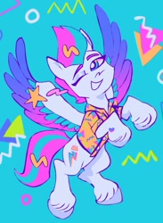 Size: 1086x1482 | Tagged: safe, artist:mewnikitty, imported from derpibooru, zipp storm, pegasus, pony, clothes, female, flying, g5, hawaiian shirt, mare, my little pony: a new generation, one eye closed, one eye open, shirt, smiling, solo, unshorn fetlocks