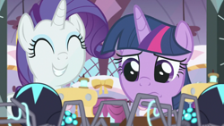 Size: 1280x720 | Tagged: safe, imported from derpibooru, screencap, rarity, twilight sparkle, alicorn, pony, spider, unicorn, season 9, the last problem, spoiler:s09, ^^, carousel boutique, cute, eyes closed, female, grin, mare, raribetes, smiling, twilight sparkle (alicorn)