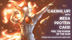 Size: 3840x2160 | Tagged: safe, artist:cocaine, daybreaker, alicorn, anthro, abs, advertisement, bikini, bodybuilder, cake, clothes, female, flexing, food, muscles, muscular female, swimsuit, text