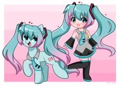 Size: 1394x986 | Tagged: safe, artist:kittyrosie, imported from derpibooru, earth pony, human, pony, clothes, duo, female, gradient background, hatsune miku, human ponidox, necktie, pigtails, ponified, self ponidox, vocaloid