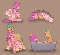 Size: 640x594 | Tagged: safe, artist:itssim, imported from derpibooru, hitch trailblazer, pipp petals, earth pony, pegasus, pony, bathtub, blushing, bubble, chest fluff, fake horn, female, g5, happy, headband, hitchpipp, male, shipping, smiling, straight, unshorn fetlocks