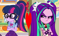 Size: 1440x881 | Tagged: safe, imported from derpibooru, aria blaze, sci-twi, twilight sparkle, equestria girls, equestria girls series, holidays unwrapped, rainbow rocks, spoiler:eqg series (season 2), female, heart, lesbian, shipping, shipping domino, sparkleblaze