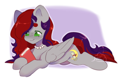 Size: 1600x1100 | Tagged: safe, artist:babiiclouds, imported from derpibooru, oc, oc only, oc:evening prose, pegasus, pony, book, female, freckles, jewelry, mare, necklace, pearl necklace, solo