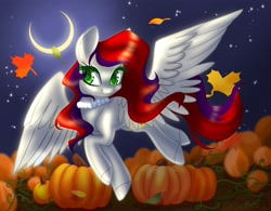 Size: 4230x3300 | Tagged: safe, artist:wicked-red-art, imported from derpibooru, oc, oc only, oc:evening prose, pegasus, pony, female, freckles, jewelry, mare, moon, necklace, pearl necklace, pumpkin, solo