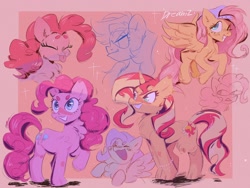 Size: 2048x1536 | Tagged: safe, artist:dreamz, imported from derpibooru, fluttershy, pinkie pie, rainbow dash, sunset shimmer, pegasus, pony, unicorn, equestria girls, :p, backwards ballcap, baseball cap, beanbrows, blushing, cap, chest fluff, cute, eyebrows, eyes closed, female, grin, hat, lesbian, mare, one eye closed, raised hoof, shipping, smiling, sunsetpie, tongue out, wink