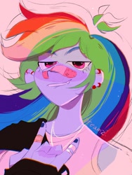 Size: 1536x2048 | Tagged: safe, alternate version, artist:dreamz, imported from derpibooru, rainbow dash, equestria girls, bandaid, bandaid on nose, bust, clothes, devil horn (gesture), ear piercing, earring, female, grin, icon, jewelry, lidded eyes, lip bite, nail polish, necklace, piercing, portrait, ring, simple background, smiling, solo, tanktop