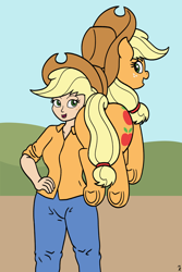 Size: 2000x3000 | Tagged: safe, artist:mkogwheel, imported from derpibooru, applejack, earth pony, human, pony, applebutt, butt, duo, explicit source, female, frog (hoof), hand on hip, high res, holding a pony, human ponidox, humanized, mare, open mouth, open smile, plot, self ponidox, smiling, underhoof