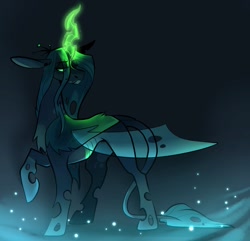 Size: 1295x1250 | Tagged: safe, artist:rockin_candies, imported from derpibooru, queen chrysalis, changeling, changeling queen, firefly (insect), insect, alternate design, chest fluff, crown, dark background, female, glowing, glowing eyes, glowing horn, horn, jewelry, leonine tail, looking back, raised hoof, regalia, solo, spots, tail, wings