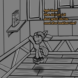 Size: 1000x1000 | Tagged: safe, artist:technocolt, imported from derpibooru, apple bloom, earth pony, pony, butt, cereal, clothes, female, filly, food, grayscale, implied applejack, jumping, mare, monochrome, moon shoes, newbie artist training grounds, offscreen character, plot, shoes, solo