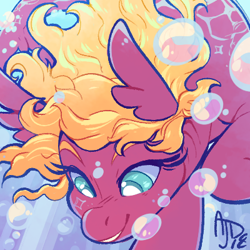 Size: 400x400 | Tagged: safe, artist:clovercoin, imported from derpibooru, oc, oc only, merpony, seapony (g4), blue background, blue eyes, bubble, crepuscular rays, eyelashes, female, ocean, signature, simple background, smiling, solo, sunlight, swimming, underwater, water, wings, yellow mane