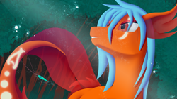 Size: 3265x1837 | Tagged: safe, artist:mystic-l1ght, imported from derpibooru, oc, oc only, merpony, seapony (g4), blue mane, bubble, dorsal fin, female, fish tail, flowing tail, glowing, jewelry, looking up, moonlight, necklace, night, ocean, red eyes, signature, smiling, solo, sunlight, swimming, tail, underwater, water