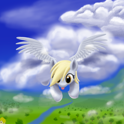 Size: 2000x2000 | Tagged: safe, artist:stellardust, derpibooru exclusive, imported from derpibooru, derpy hooves, pegasus, pony, :p, cloud, cute, derpabetes, female, high res, looking down, mare, river, solo, spread wings, stuck, stuck in a cloud, tongue out, tree, wings