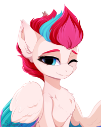 Size: 4000x5000 | Tagged: safe, artist:xsatanielx, imported from derpibooru, zipp storm, pegasus, pony, adorazipp, bust, chest fluff, cute, female, fluffy, g5, mare, my little pony: a new generation, one eye closed, simple background, solo, white background, wink