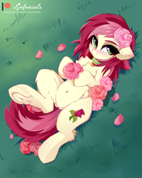 Size: 4000x5000 | Tagged: safe, alternate version, artist:xsatanielx, imported from derpibooru, roseluck, earth pony, pony, belly button, chest fluff, collar, cute, ear fluff, female, flower, grass, lying down, mare, on back, rcf community, rosabetes, rose, rosepet, solo, underhoof