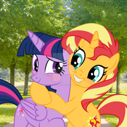 Size: 1600x1600 | Tagged: safe, artist:icydreamarts, imported from derpibooru, sunset shimmer, twilight sparkle, alicorn, pony, unicorn, equestria girls, bipedal, blushing, deviantart watermark, female, hug, lesbian, mare, obtrusive watermark, shipping, smiling, sunsetsparkle, tree, twilight sparkle (alicorn), watermark