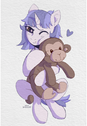 Size: 1640x2360 | Tagged: source needed, safe, artist:kotya, imported from derpibooru, oc, oc only, oc:atrium, monkey, pony, unicorn, female, heart, hug, plushie, solo